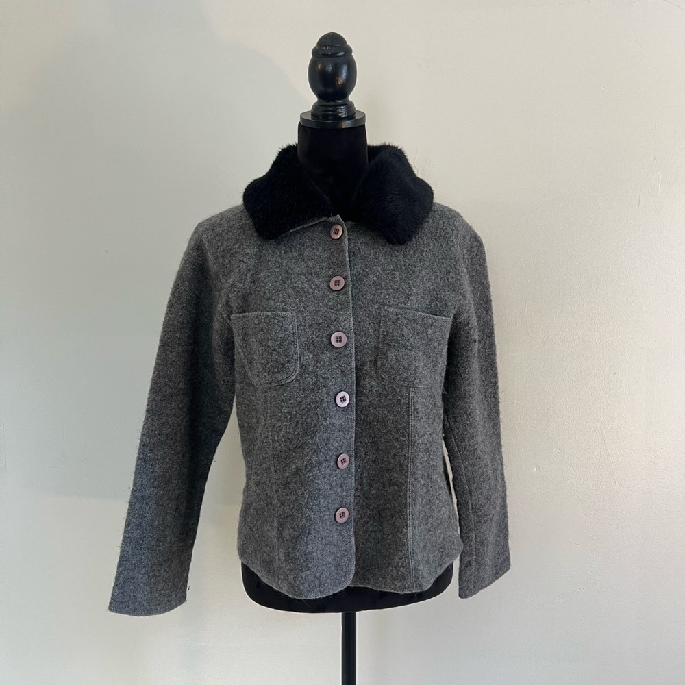 Vintage 90s Elegant Glam Gray Faux Fur Collar Button Up Jacket Women’s Medium